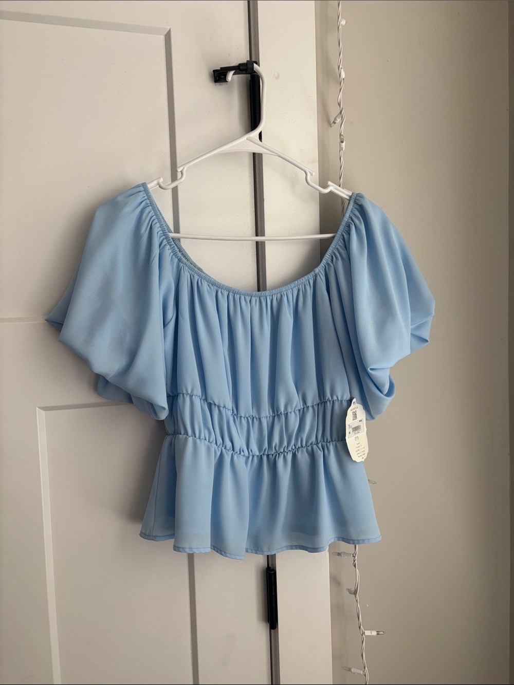Altar'd State Light Blue Off-Shoulder Ruffled Peasant Top